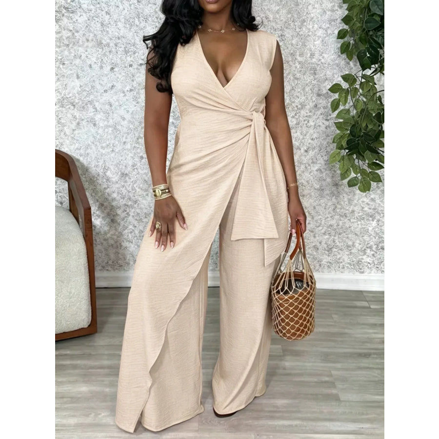 Wrap Front Wide Leg Jumpsuit Apricot / S Apparel and Accessories