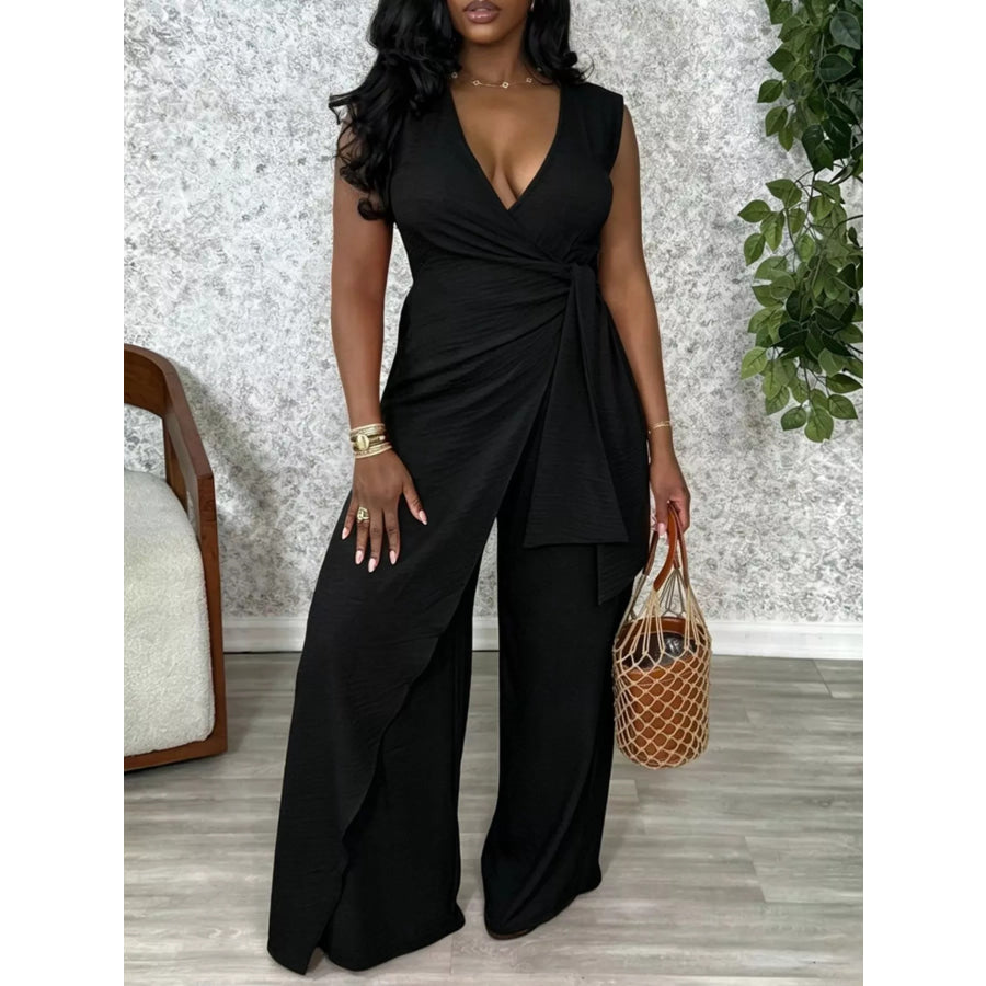 Wrap Front Wide Leg Jumpsuit Black / S Apparel and Accessories