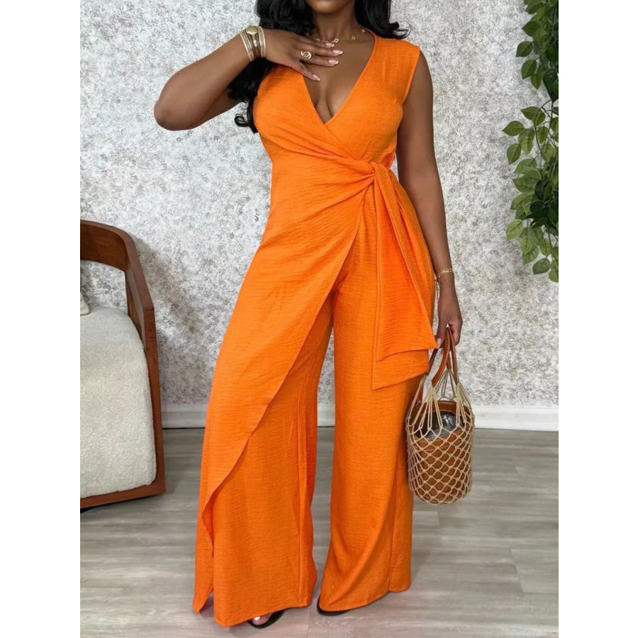 Wrap Front Wide Leg Jumpsuit Orange / S Apparel and Accessories