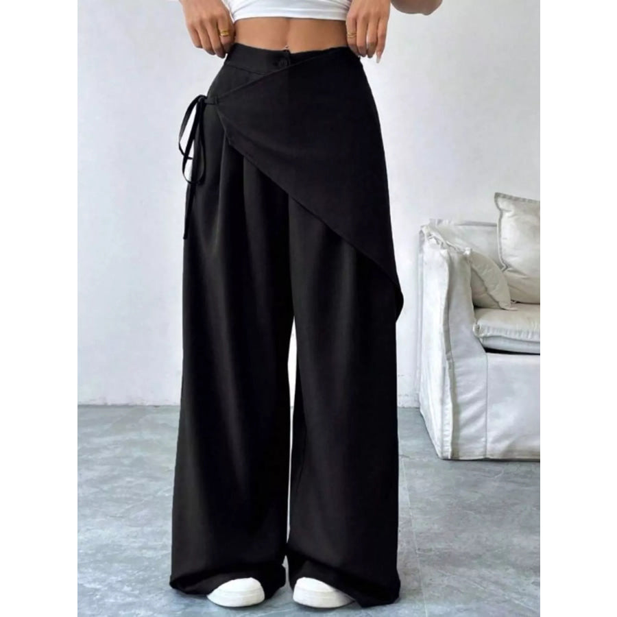 Wrap-Front Wide-Leg Pants Black / S Apparel and Accessories