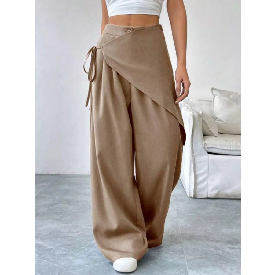 Wrap-Front Wide-Leg Pants Khaki / S Apparel and Accessories