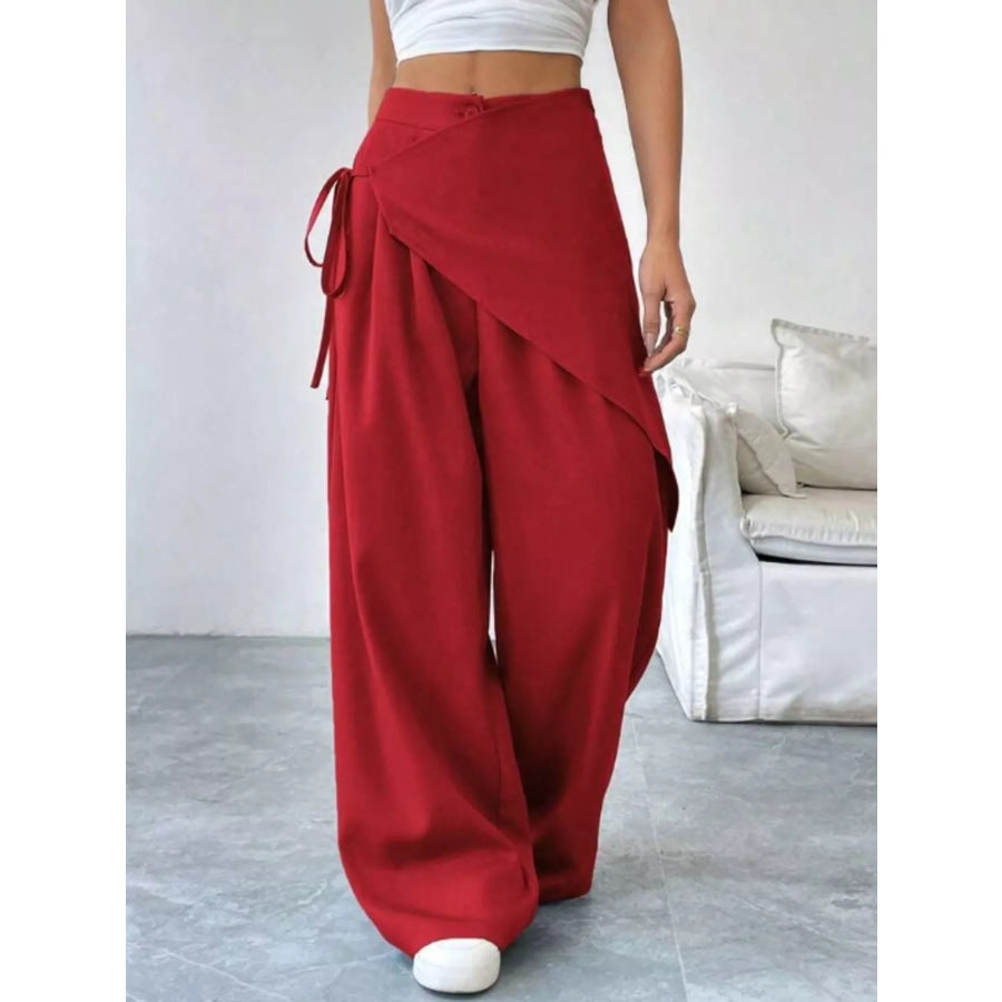 Wrap-Front Wide-Leg Pants Red / S Apparel and Accessories