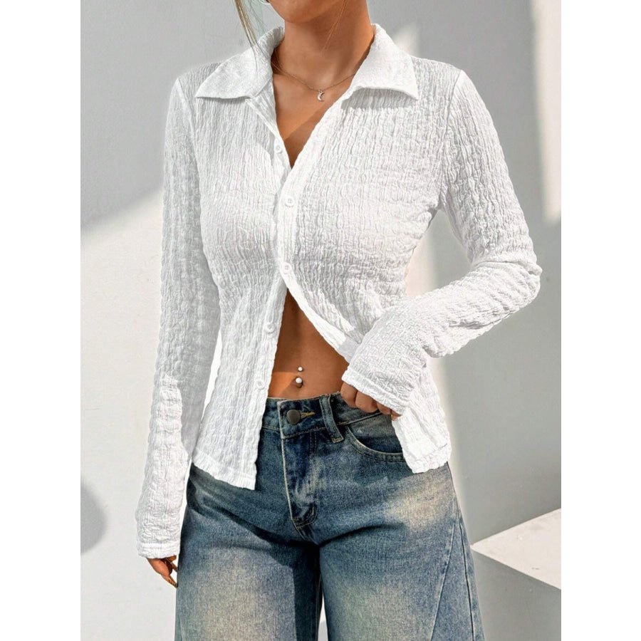 Wrinkled Collared Neck Long Sleeve Shirt White / S Apparel and Accessories