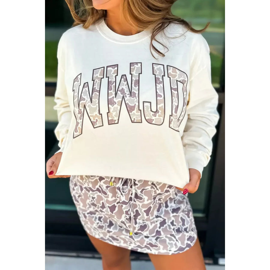 WWJD Camo Letter Printed Long Sleeve Top White / S Apparel and Accessories