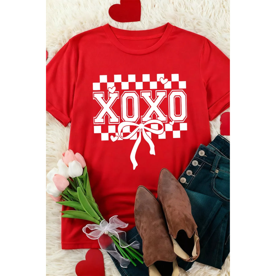 XOXO Checkered Ribbon Bow Print Valentines Day T Shirt Apparel and Accessories