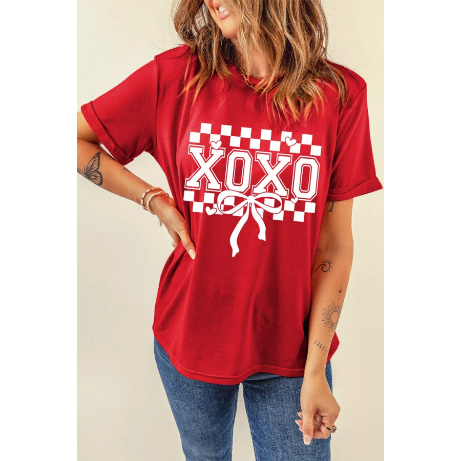 XOXO Checkered Ribbon Bow Print Valentines Day T Shirt Deep Red / S Apparel and Accessories
