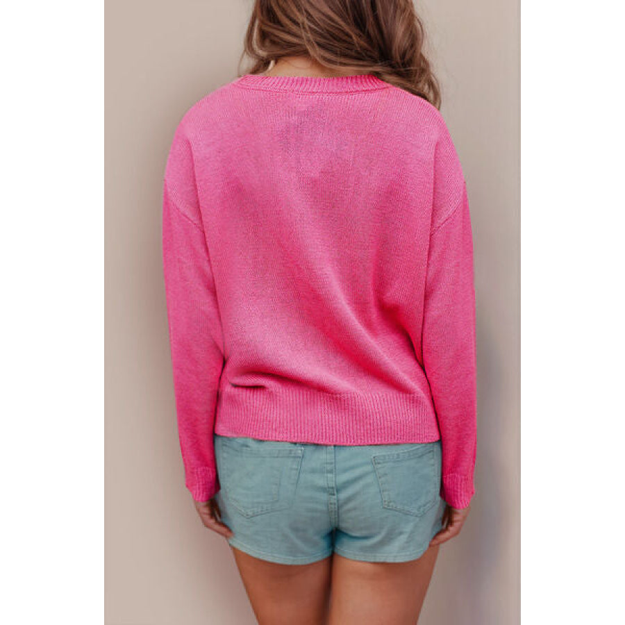 XOXO Heart Round Neck Dropped Shoulder Sweater Hot Pink / S Apparel and Accessories