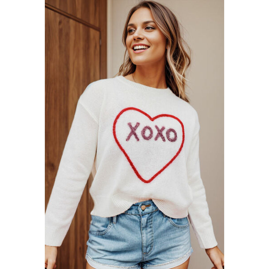 XOXO Heart Round Neck Dropped Shoulder Sweater Apparel and Accessories