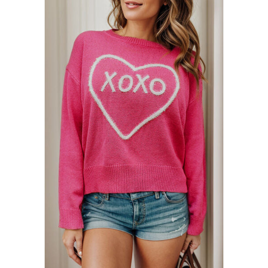 XOXO Heart Round Neck Dropped Shoulder Sweater Hot Pink / S Apparel and Accessories