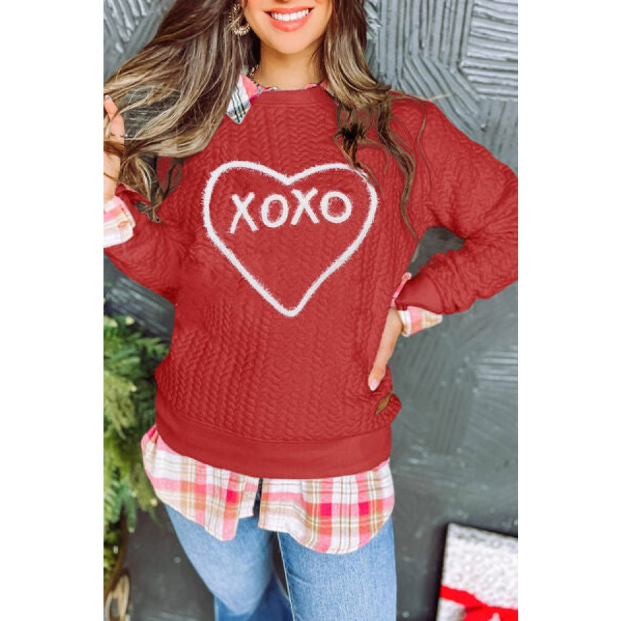 XOXO Heart Round Neck Dropped Shoulder Sweatshirt Deep Red / S Apparel and Accessories