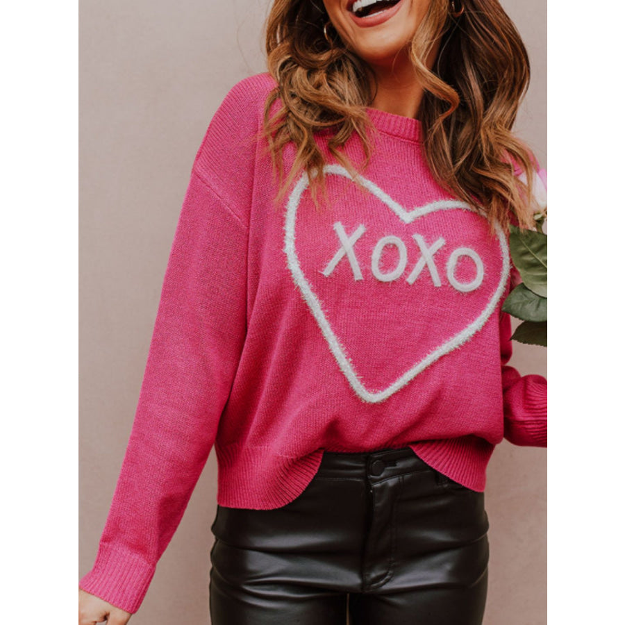 XOXO Round Neck Drop Shoulder Sweater Deep Rose / S Apparel and Accessories