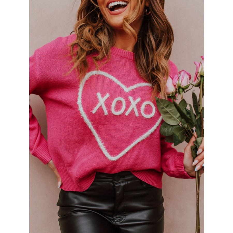 XOXO Round Neck Drop Shoulder Sweater Deep Rose / S Apparel and Accessories