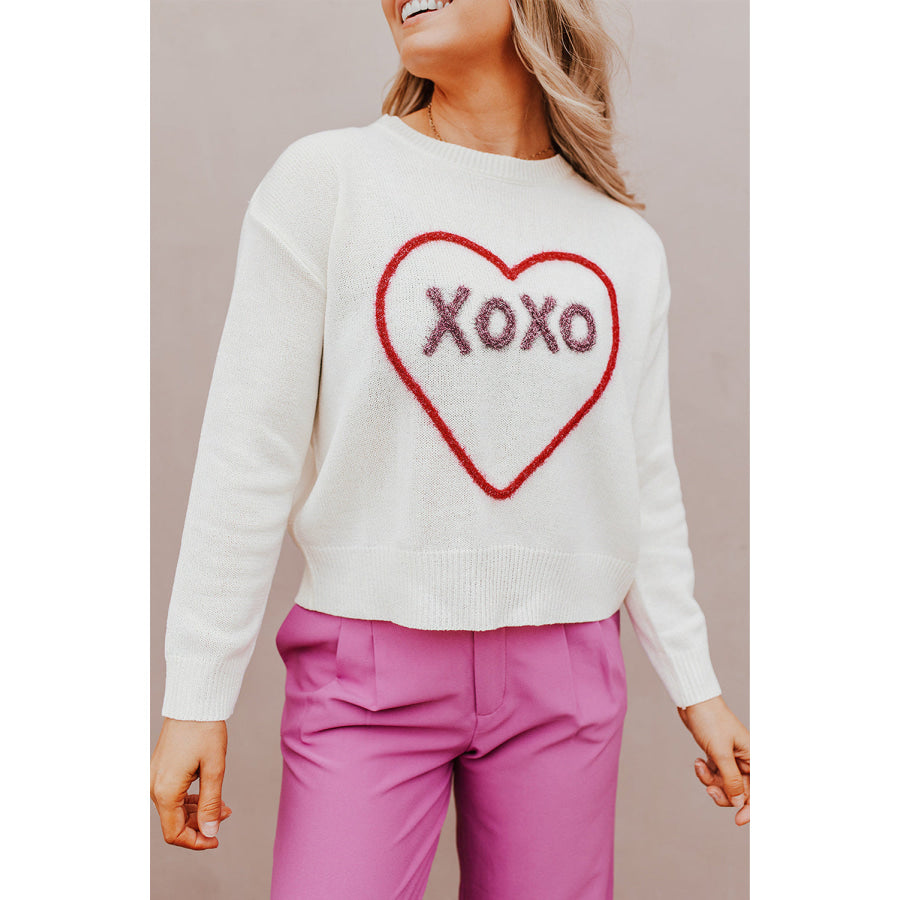 XOXO Round Neck Drop Shoulder Sweater White / L Apparel and Accessories