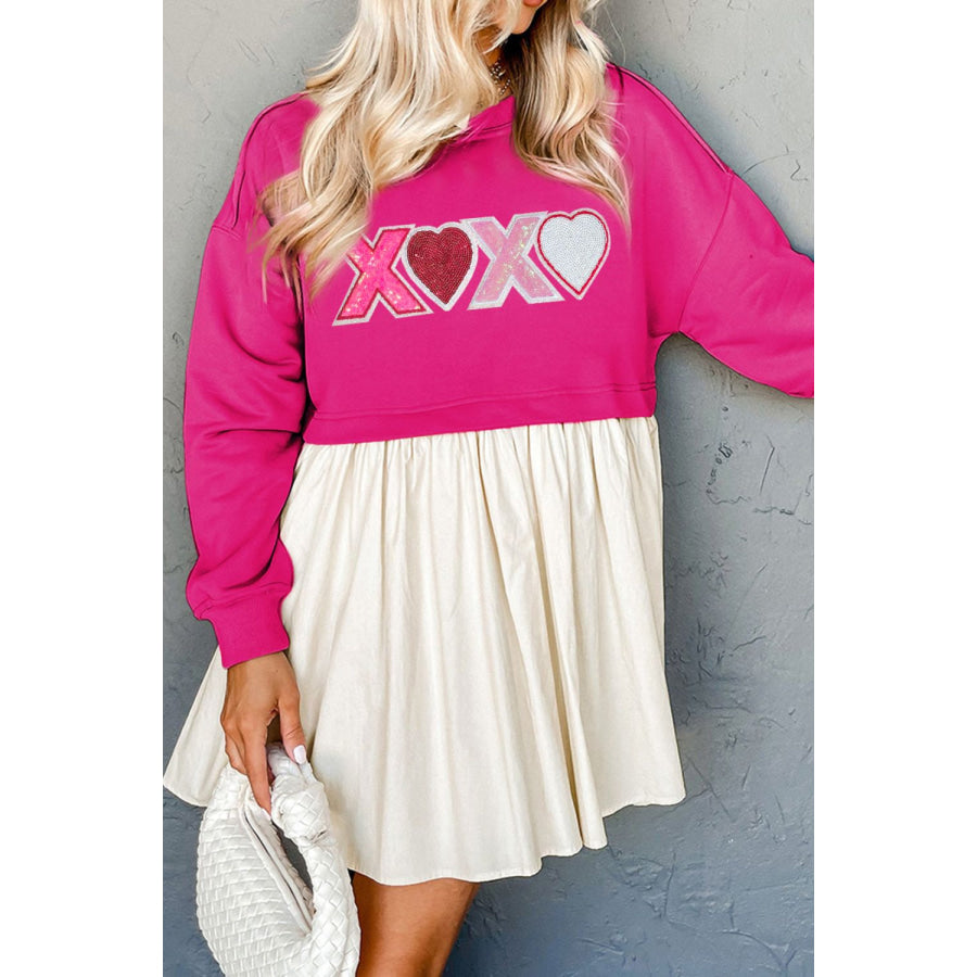 XOXO Sequin Heart Long Sleeve Dress Hot Pink / S Apparel and Accessories