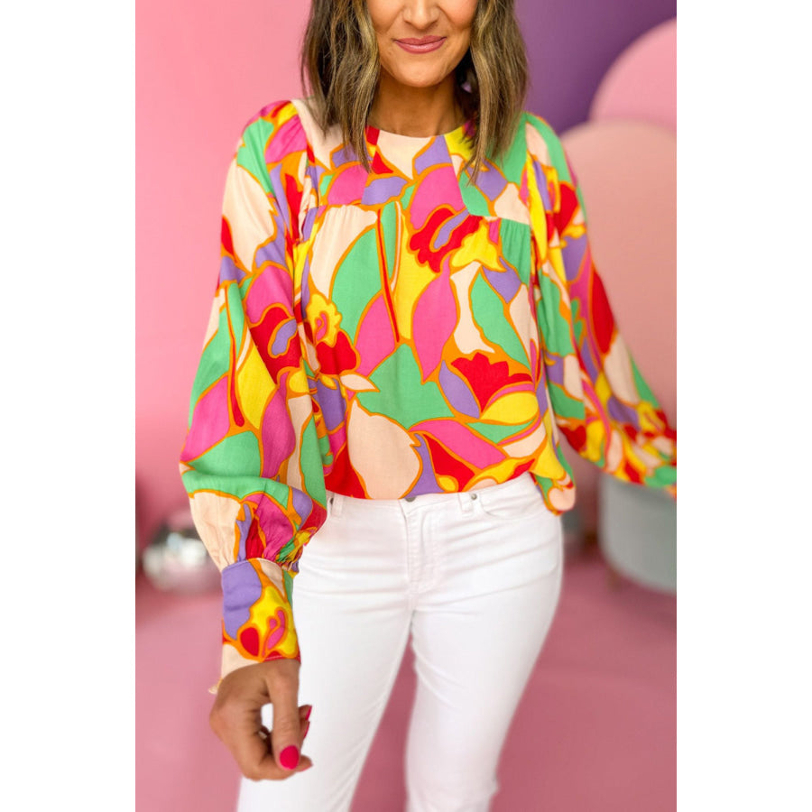 Yellow Abstract Print Puff Sleeve Blouse Yellow / S / 100% Polyester Tops/Blouses & Shirts