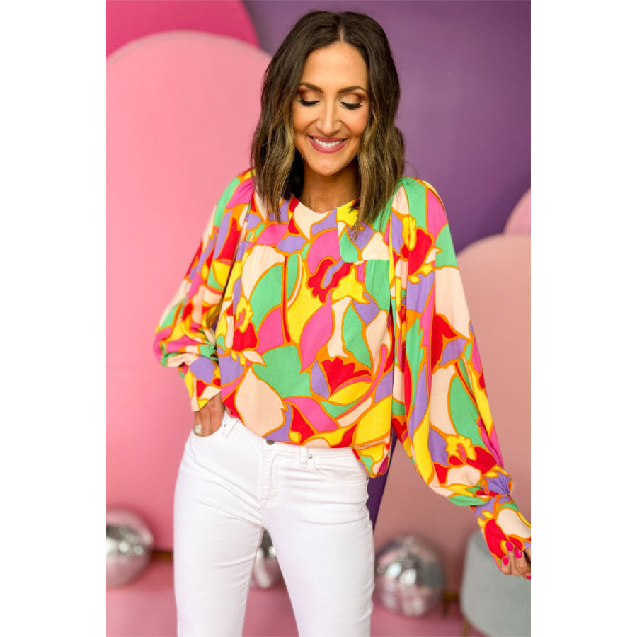 Yellow Abstract Print Puff Sleeve Blouse Tops/Blouses & Shirts