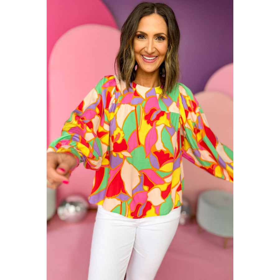 Yellow Abstract Print Puff Sleeve Blouse Tops/Blouses & Shirts