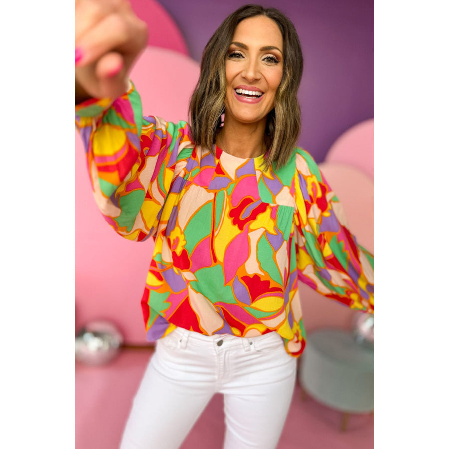 Yellow Abstract Print Puff Sleeve Blouse Tops/Blouses & Shirts