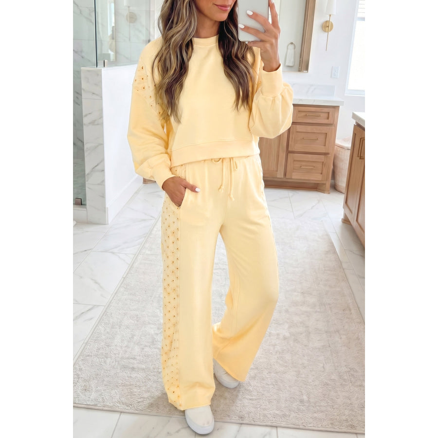 Yellow Cream Eyelet Embroidered Lace Patchwork Cropped Pullover Drawstring Pants Set Yellow Cream / S / 80% Cotton + 20% Polyester Two