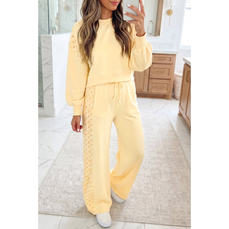 Yellow Cream Eyelet Embroidered Lace Patchwork Cropped Pullover Drawstring Pants Set Two Piece Sets/Pant Sets