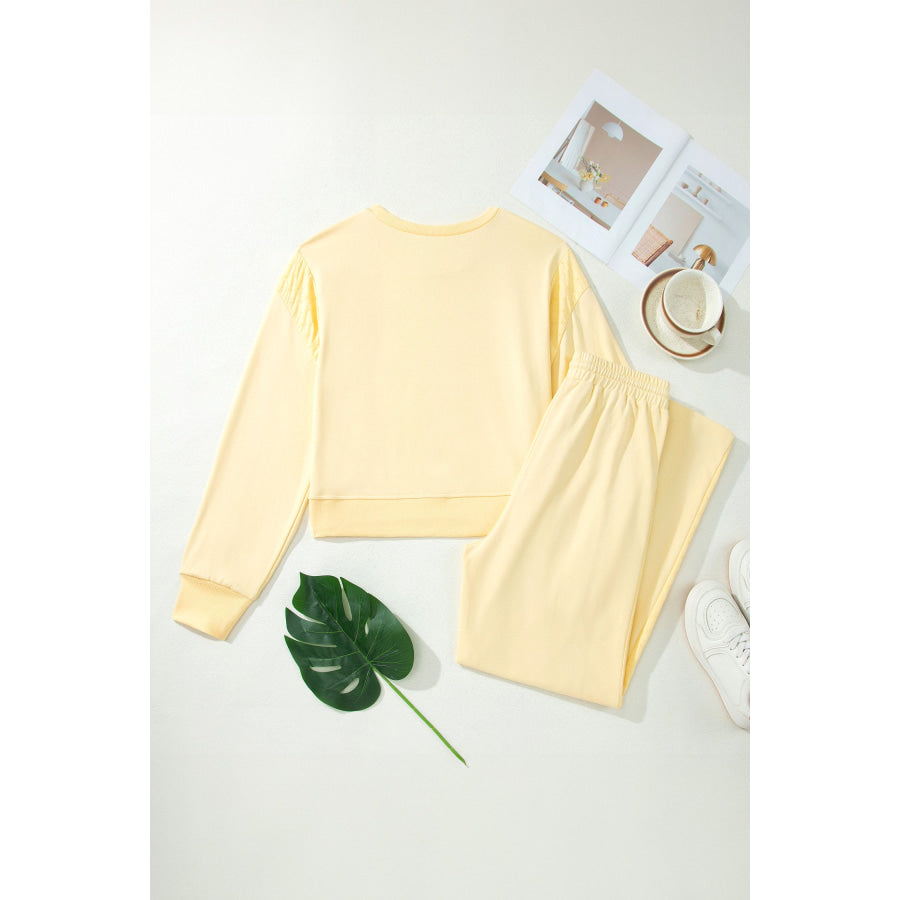 Yellow Cream Eyelet Embroidered Lace Patchwork Cropped Pullover Drawstring Pants Set Two Piece Sets/Pant Sets