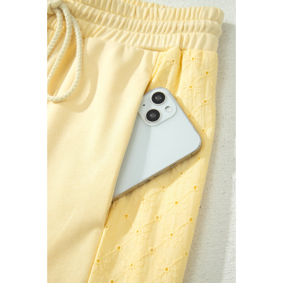 Yellow Cream Eyelet Embroidered Lace Patchwork Cropped Pullover Drawstring Pants Set Two Piece Sets/Pant Sets