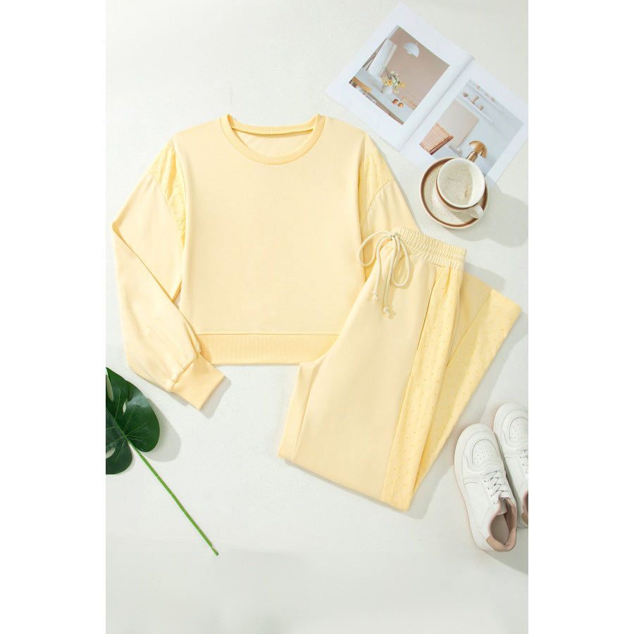 Yellow Cream Eyelet Embroidered Lace Patchwork Cropped Pullover Drawstring Pants Set Two Piece Sets/Pant Sets