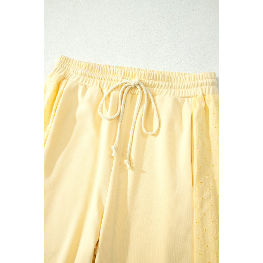 Yellow Cream Eyelet Embroidered Lace Patchwork Cropped Pullover Drawstring Pants Set Two Piece Sets/Pant Sets