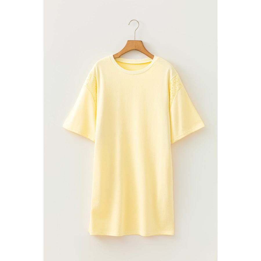 Yellow Cream Eyelet Embroidered Lace Splicing Sleeve Loose T Shirt Dress Dresses/Mini Dresses