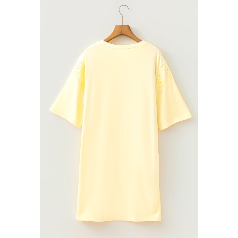 Yellow Cream Eyelet Embroidered Lace Splicing Sleeve Loose T Shirt Dress Dresses/Mini Dresses