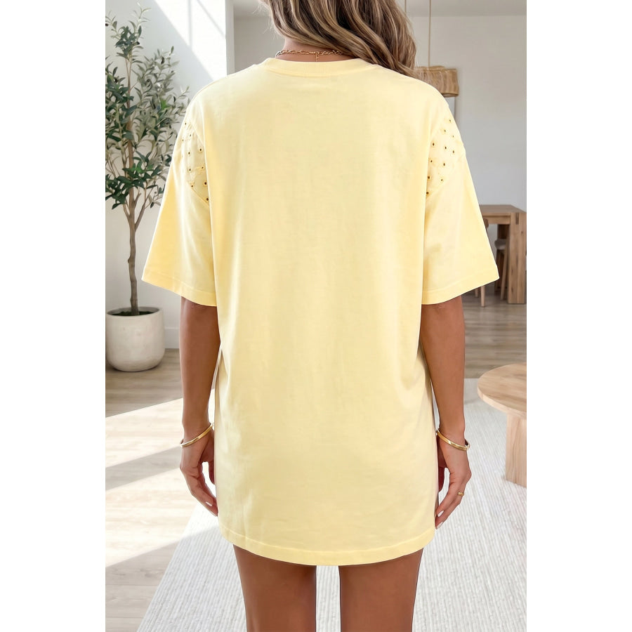 Yellow Cream Eyelet Embroidered Lace Splicing Sleeve Loose T Shirt Dress Dresses/Mini Dresses