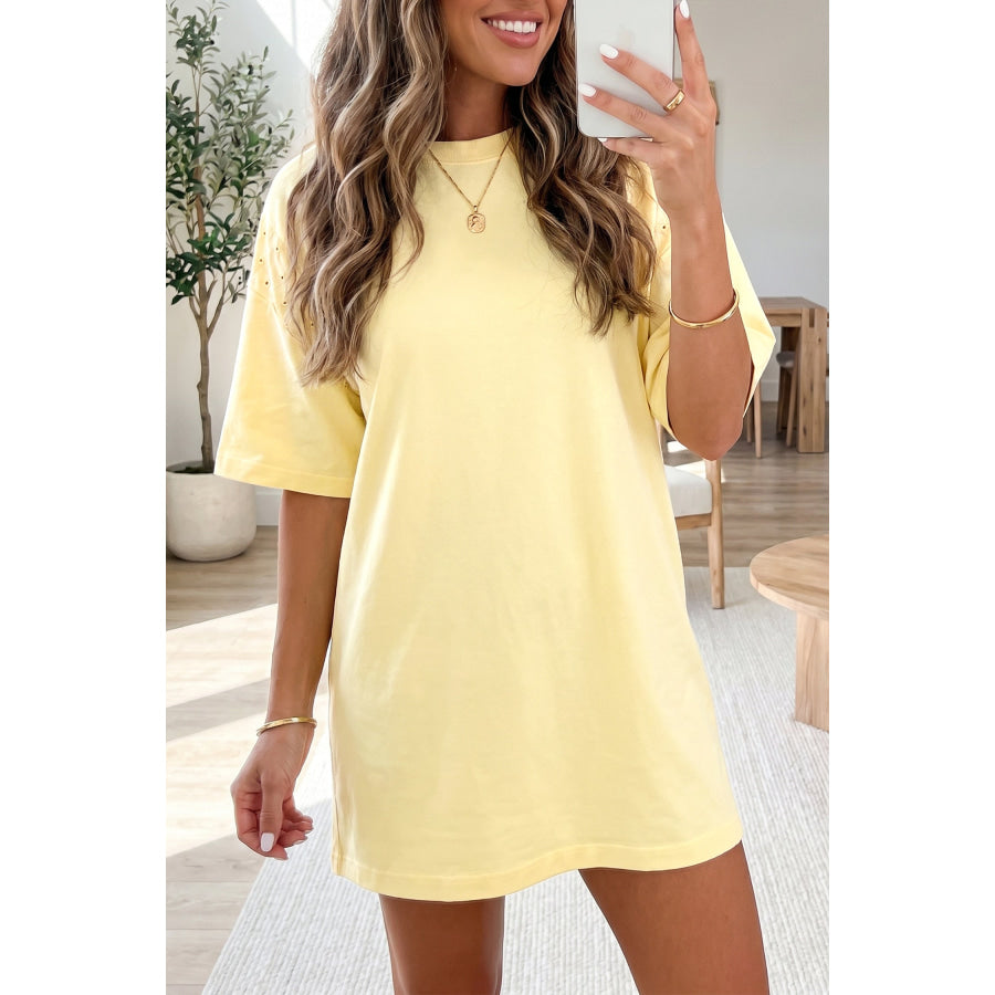 Yellow Cream Eyelet Embroidered Lace Splicing Sleeve Loose T Shirt Dress Yellow Cream / S Dresses/Mini Dresses