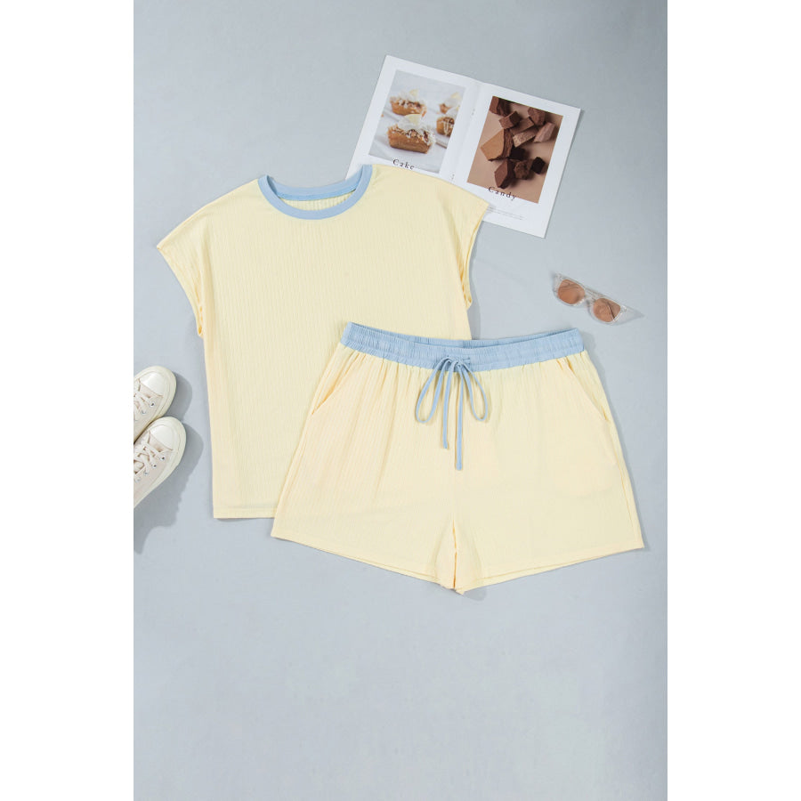 Yellow Cream Plus Size Ribbed Color Block Trim Drawstring Shorts 2pcs Set Size/Plus Loungewear