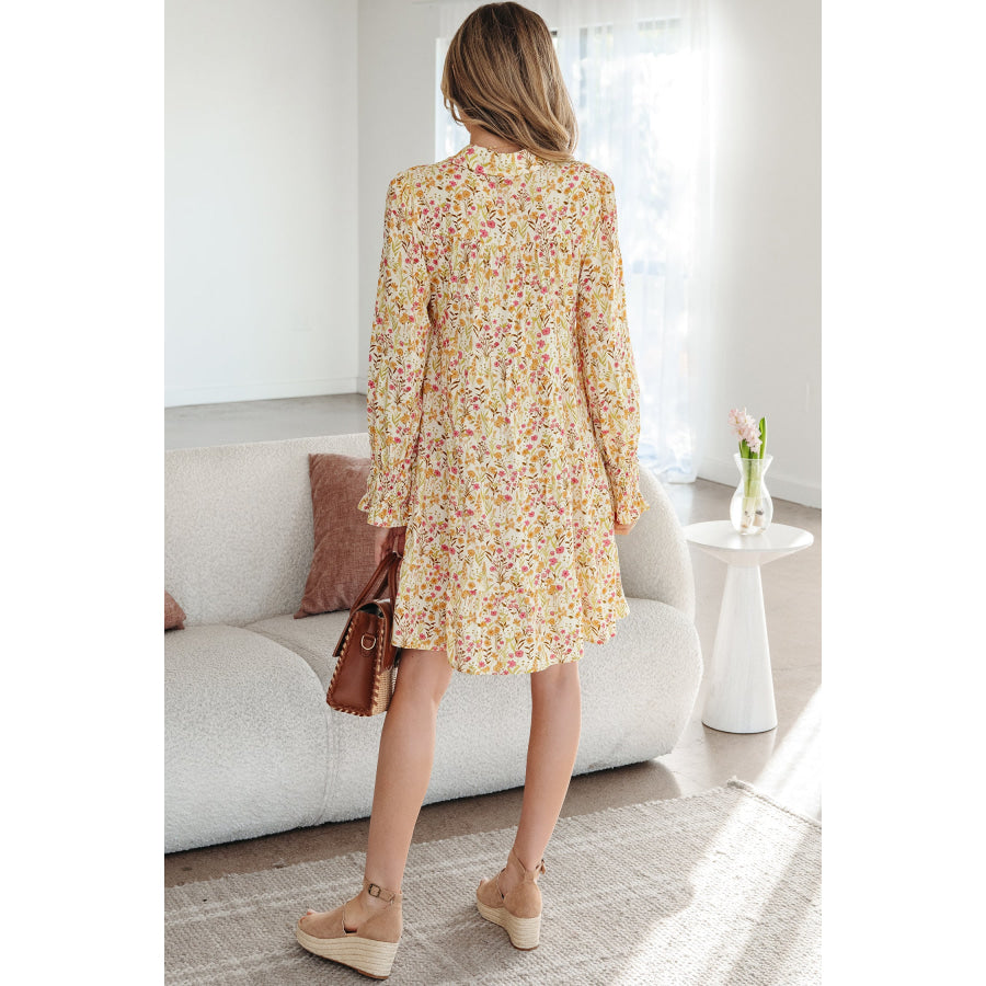 Yellow Floral Print Frilly Trim Smocked Cuff Long Sleeve Loose Shirt Dress Dresses/Mini Dresses
