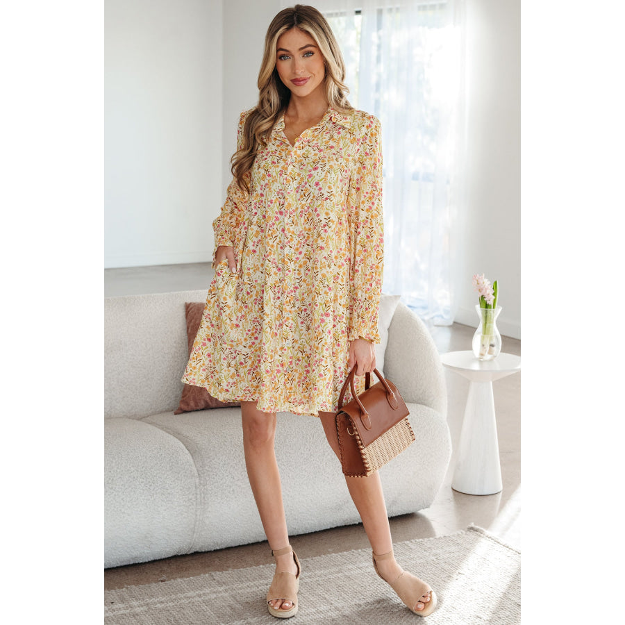 Yellow Floral Print Frilly Trim Smocked Cuff Long Sleeve Loose Shirt Dress Dresses/Mini Dresses
