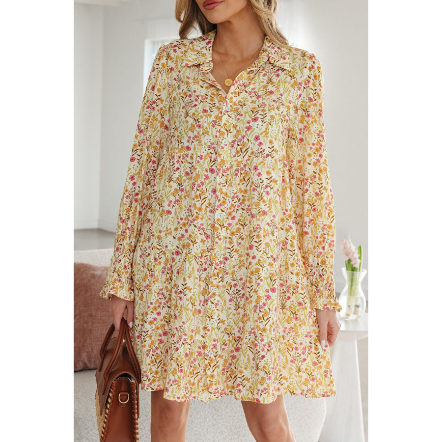 Yellow Floral Print Frilly Trim Smocked Cuff Long Sleeve Loose Shirt Dress Dresses/Mini Dresses
