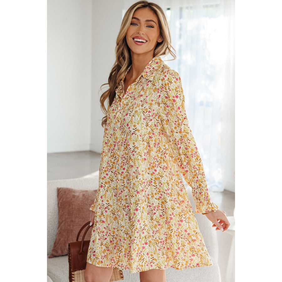 Yellow Floral Print Frilly Trim Smocked Cuff Long Sleeve Loose Shirt Dress Dresses/Mini Dresses