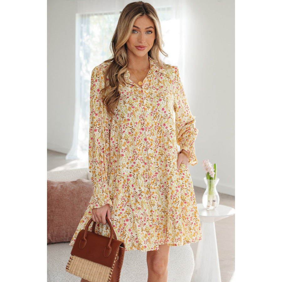 Yellow Floral Print Frilly Trim Smocked Cuff Long Sleeve Loose Shirt Dress Yellow / S / 100% Viscose Dresses/Mini Dresses
