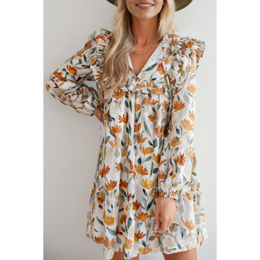 Yellow Floral Print Tie Neck Frilled Detail Long Sleeve Mini Dress Dresses/Floral Dresses