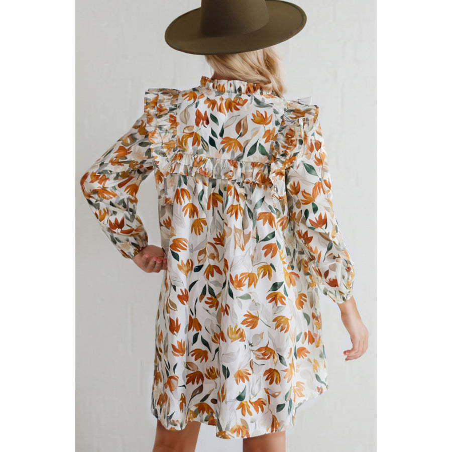 Yellow Floral Print Tie Neck Frilled Detail Long Sleeve Mini Dress Dresses/Floral Dresses