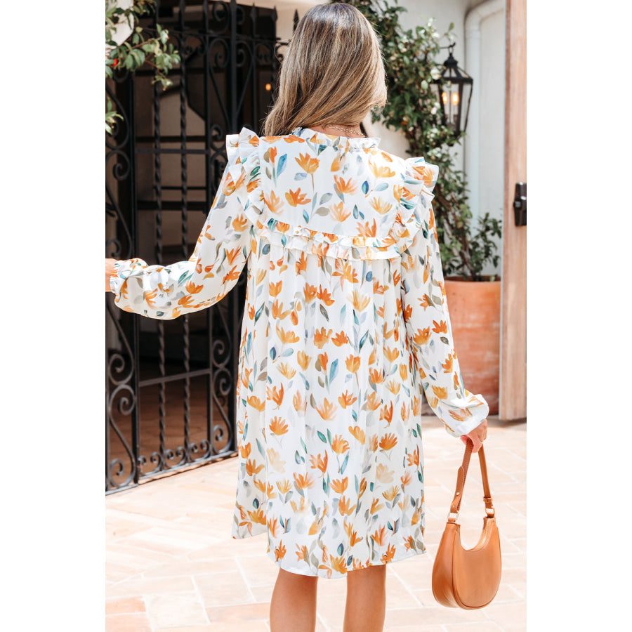 Yellow Floral Print Tie Neck Frilled Detail Long Sleeve Mini Dress Dresses/Floral Dresses