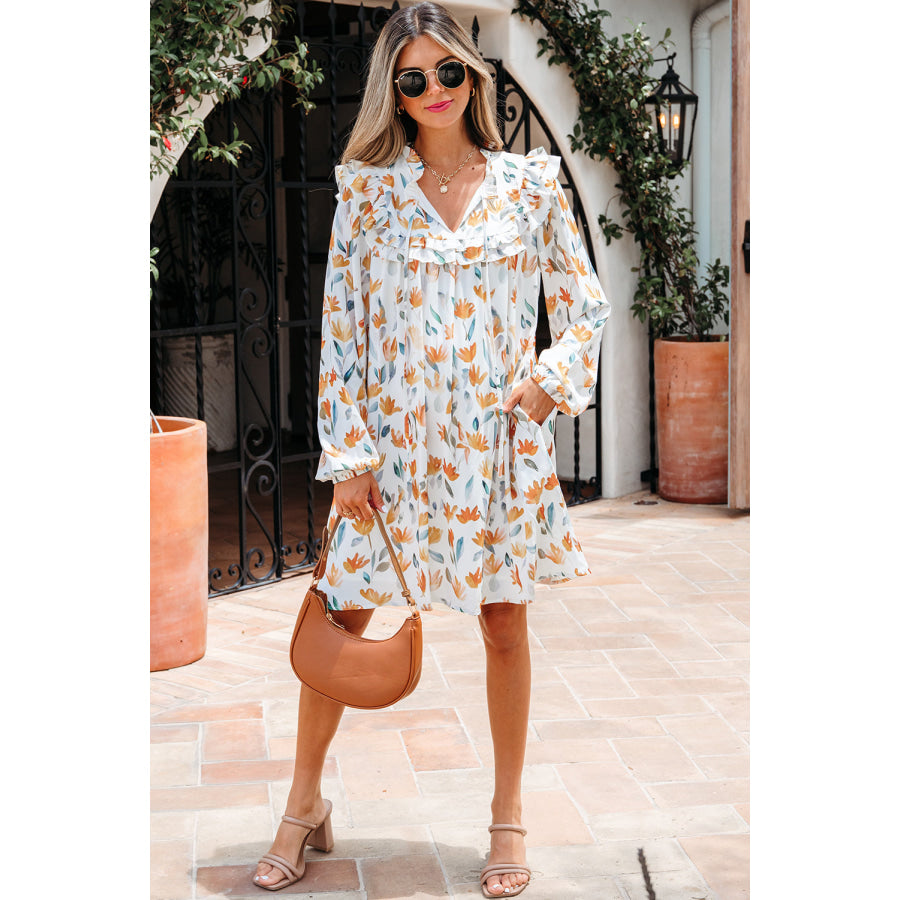 Yellow Floral Print Tie Neck Frilled Detail Long Sleeve Mini Dress Dresses/Floral Dresses