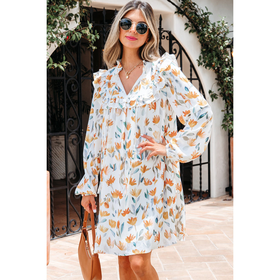 Yellow Floral Print Tie Neck Frilled Detail Long Sleeve Mini Dress Dresses/Floral Dresses