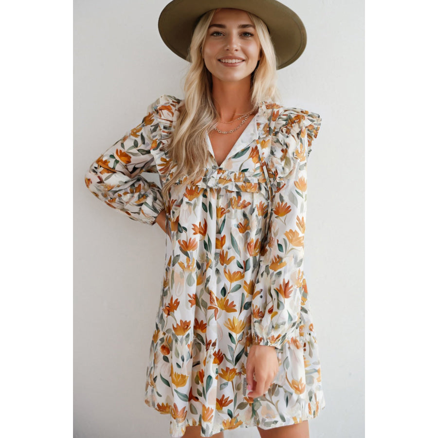 Yellow Floral Print Tie Neck Frilled Detail Long Sleeve Mini Dress Dresses/Floral Dresses