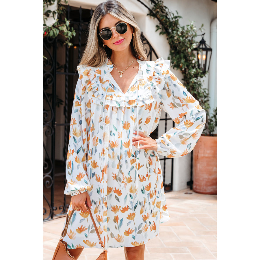 Yellow Floral Print Tie Neck Frilled Detail Long Sleeve Mini Dress Yellow / S / 100% Polyester Dresses/Floral Dresses
