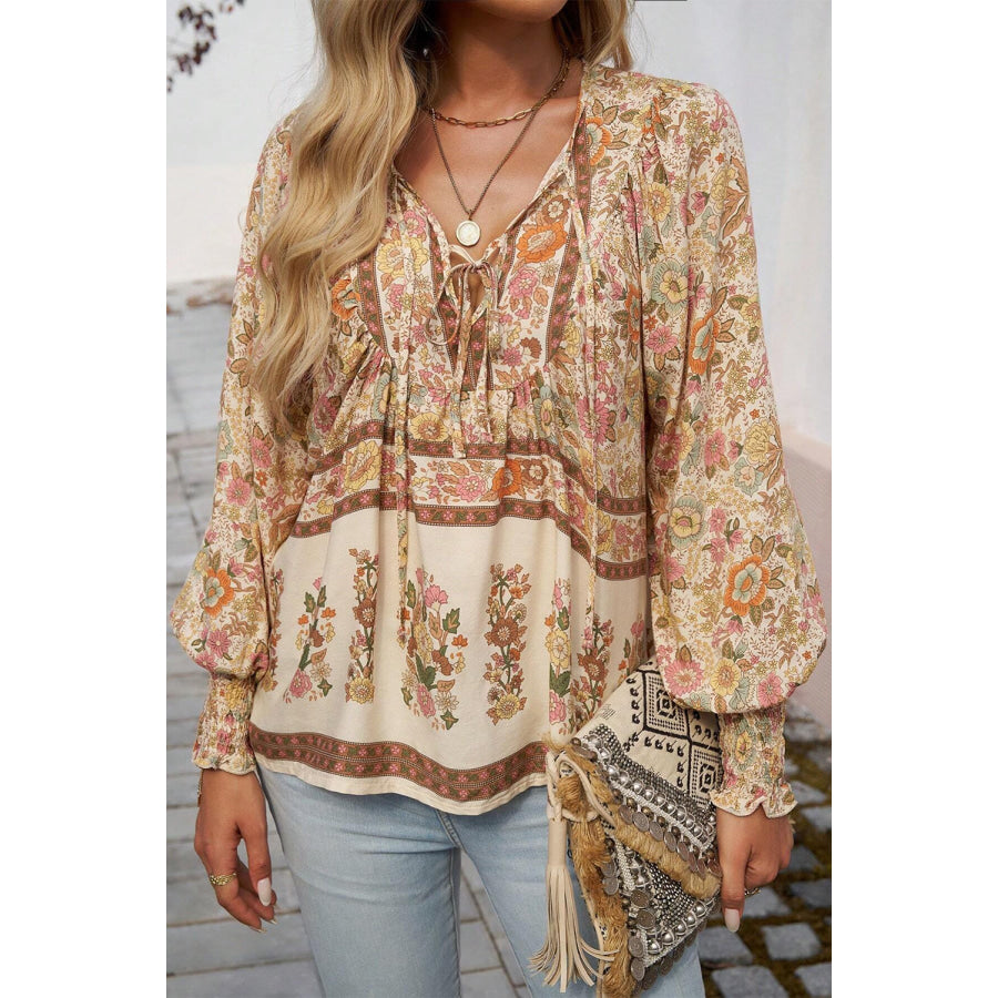 Yellow Floral Print Tie Neck Lantern Sleeve Blouse / S / 100% Polyester Sale (50% OFF)/Sale OFF)