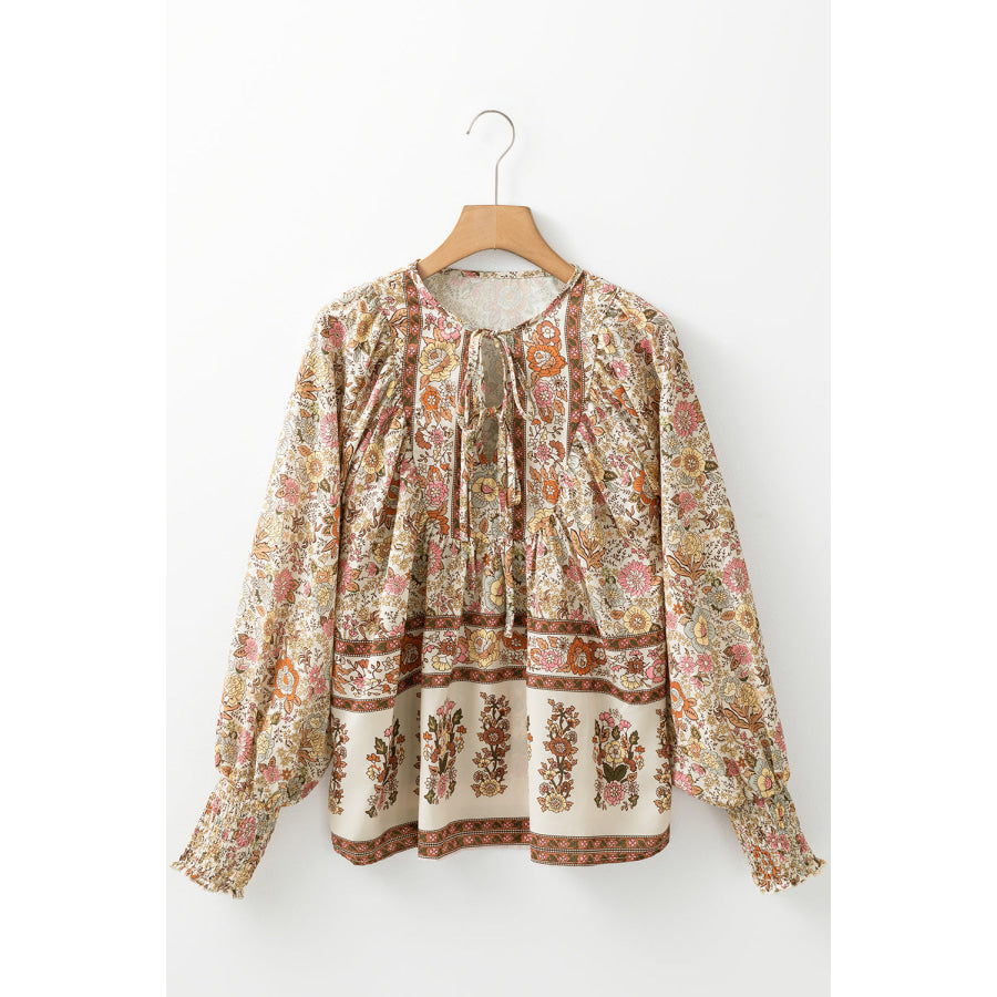 Yellow Floral Print Tie Neck Lantern Sleeve Blouse Sale (50% OFF)/Sale OFF)