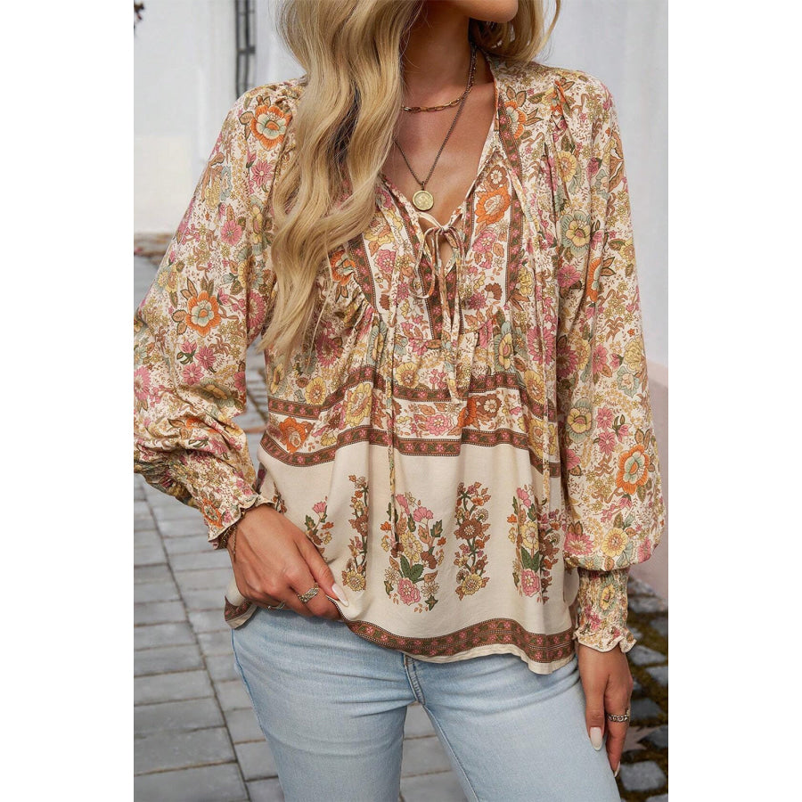 Yellow Floral Print Tie Neck Lantern Sleeve Blouse Sale (50% OFF)/Sale OFF)