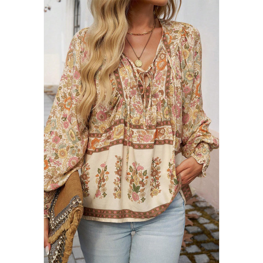 Yellow Floral Print Tie Neck Lantern Sleeve Blouse Sale (50% OFF)/Sale OFF)