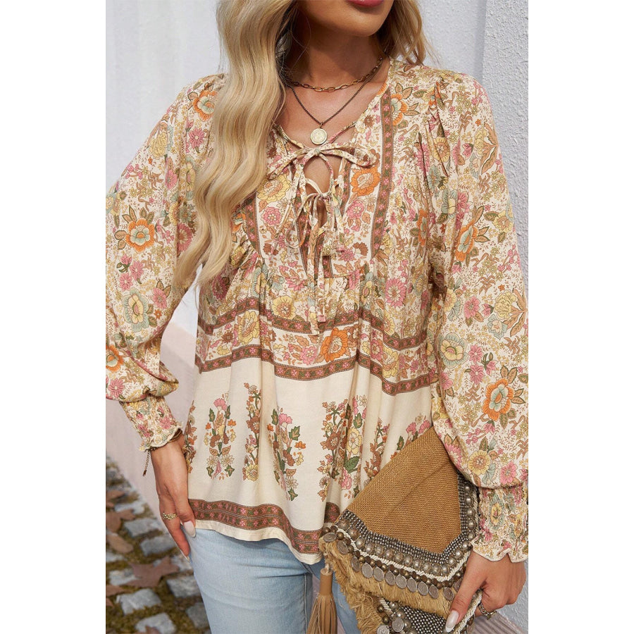 Yellow Floral Print Tie Neck Lantern Sleeve Blouse Sale (50% OFF)/Sale OFF)